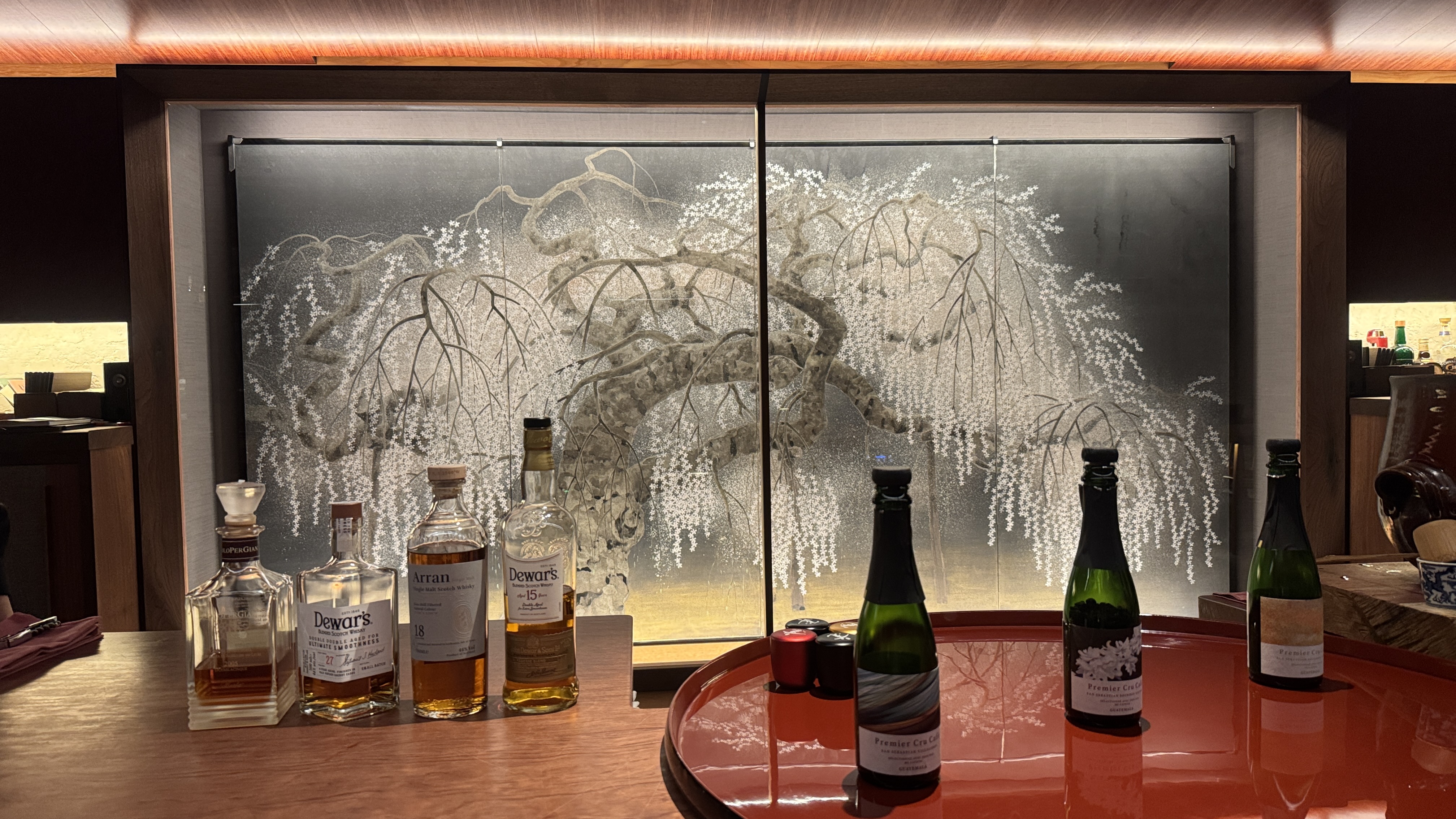 Interior and cherry-blossom motif at Bar Kaoru